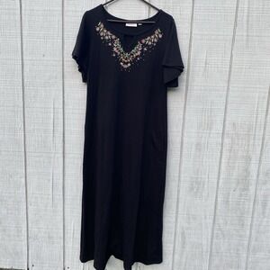 Quacker Factory Solid Black Embroidered Top Long Shirt‎ Dress Medium Petite MP